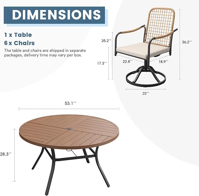 DIFY 7 Pieces Outdoor Dining Set, Metal Patio Table and Chairs Set for 6, 53.1" Round Dining Table with Umbrella Hole & Wicker Swivel Patio Chairs with Cushions, Walnut Tabletop