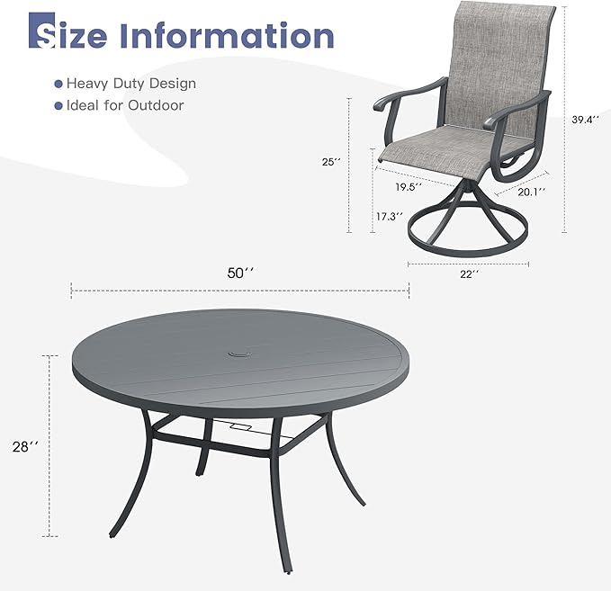 VICLLAX 7 Pieces Outdoor Dining Set, Patio Dining Furniture Set of 6 Patio Swivel Dining Chairs and 50" Patio Round Table, Grey Chairs & Dark Grey Tabletop
