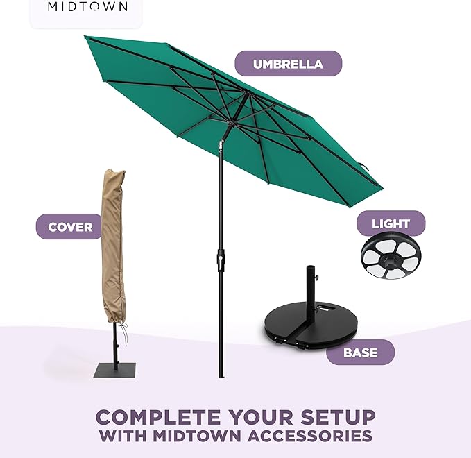 Midtown Umbrellas – The Swilt 10 Ft Patio Umbrella with 360° Swivel & Tilt Mechanism, Sunbrella Fabric & 8 Fiberglass Ribs – Outdoor Umbrella for Deck, Pool & Cafes – Canvas Teal Canopy, Black Pole