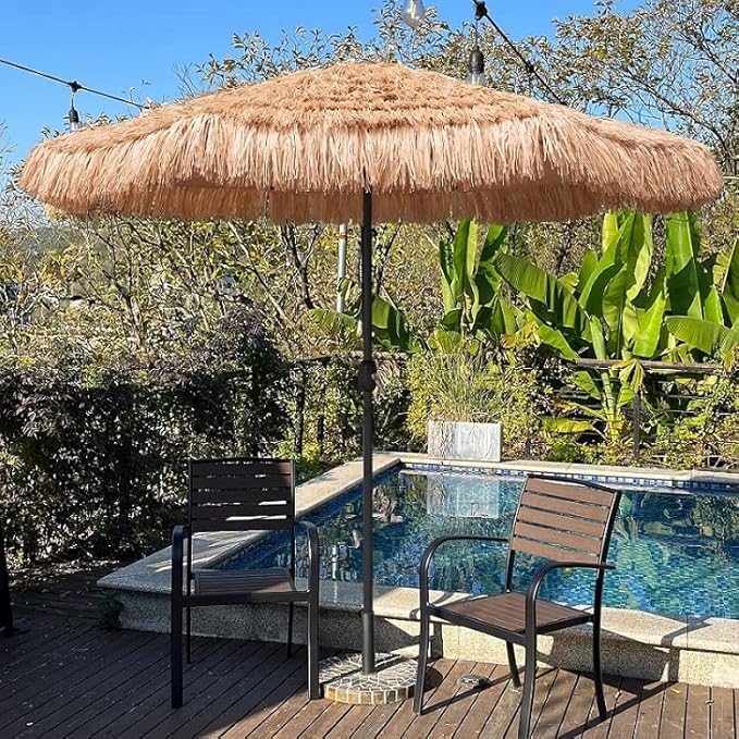 AMMSUN 9ft Hula Thatched Tiki Umbrella Hawaiian Style Beach Patio Umbrella and 8 Ribs with Crank Lift UPF 50+ Outdoor Tiki Bar, Tropical Palapa, Patio Garden Beach Pool Backyard Natural Color
