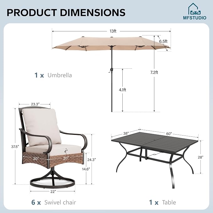 MFSTUDIO Outdoor Patio Dining Set for 6, Patio Dining Set with Umbrella, Outdoor Table and Chairs for 6, Patio Rectangular Metal Dining Table with Swivel Chairs, 8 Pieces Outdoor Furniture Set, Beige
