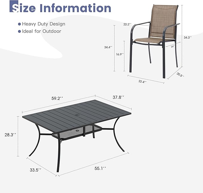VICLLAX Patio Table and Chairs Set for 6, Patio Furniture Set of 6 Patio Stackable Dining Chairs and Outdoor Metal Table with Umbrella Hole for Backyard Lawn Garden, Brown Chairs and Black Table