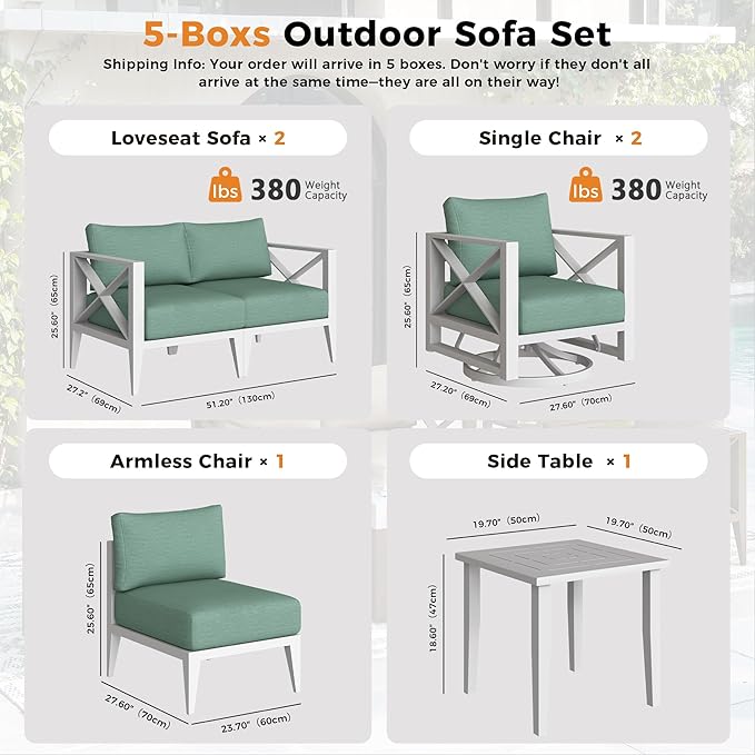 7-Seats Aluminum Outdoor Patio Furniture Set with Swivel Rocking Chairs, Sectional Conversation Sofa with 5.2" Thick Cushions & Coffee Table, Rust-Resistant Frame for Porch, Garden, Backyard, White