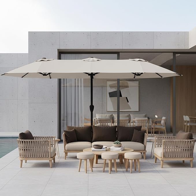 15FT Large Patio Umbrella with Base, Double Sided Rectangular Outdoor Umbrella with Sturdy Fiberglass Ribs, UPF 50+ Sun Protection, Wind-Resistant, Waterproof Fade-Resistant Fabric for Pool, Garden, Backyard, Deck(Creamy-white)