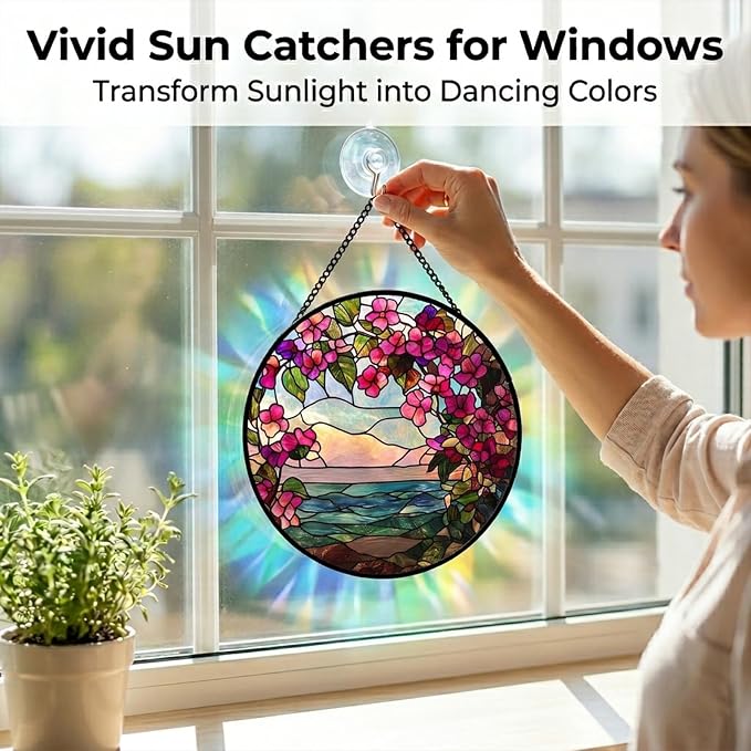 Birthday Gifts for Women - Ocean Flowers Faux Stained Glass Window Hanging Sun Catcher for Door Garden Acrylic Scenery Decor Mother's Day Christmas for Mom Men Nana Grandma Sisters 6.3"