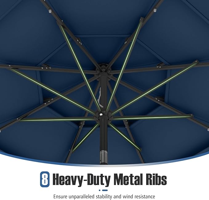 Tangkula 10 FT Solar LED Patio Umbrella, 3-Tier Vented Outdoor Market Table Umbrella with 32 LED Lights, Tilt Adjustment, Crank Handle, 8 Ribs for Backyard Pool Deck (Navy)