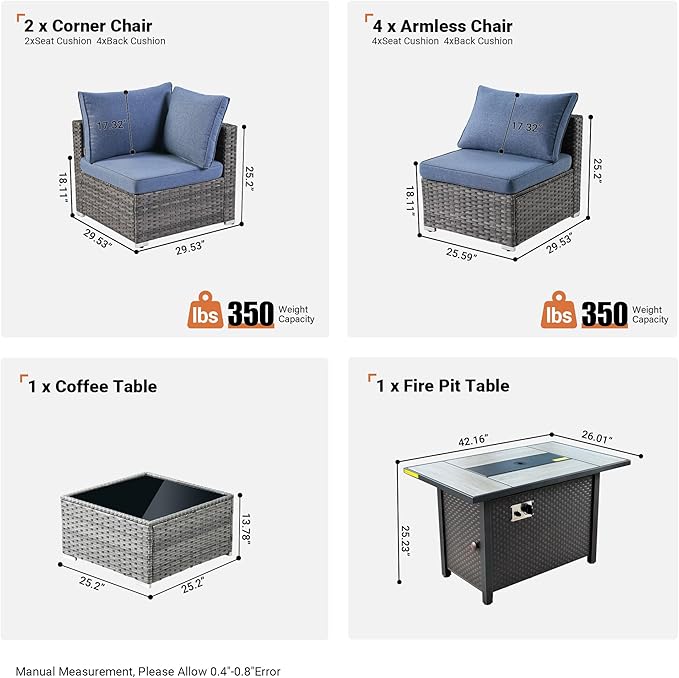 ovios Outdoor 8 Piece Patio Furniture Set with Fire Pit Table,Conversation Sectional Wicker Couch with Coffee Table,Modern Outside Sofa for Balcony Backyard, Blue