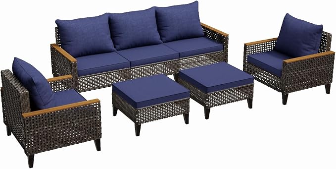 7 Piece Patio Furniture Set, All-Weather Wicker Rattan Outdoor Sectional Sofa Set with High Backrest and Thick Cushions for Garden, Porch, Poolside, Blue