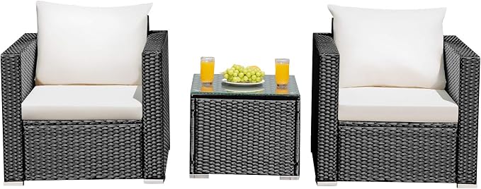 Tangkula 3 Pieces Patio Furniture Set, PE Rattan Wicker Sofa Set w/Washable Cushion and Tempered Glass Tabletop, Outdoor Conversation Furniture for Garden Poolside