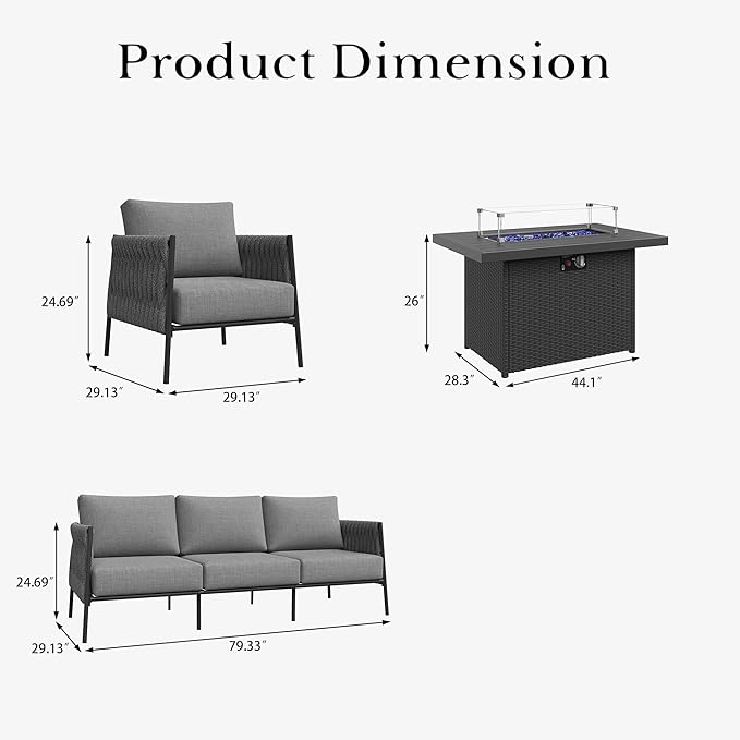 LayinSun 4 Piece Outdoor Furniture Set with Fire Pit Table, Modern Rope Woven Patio Conversation Sofa Set with Olefin Braid and Deep Seating