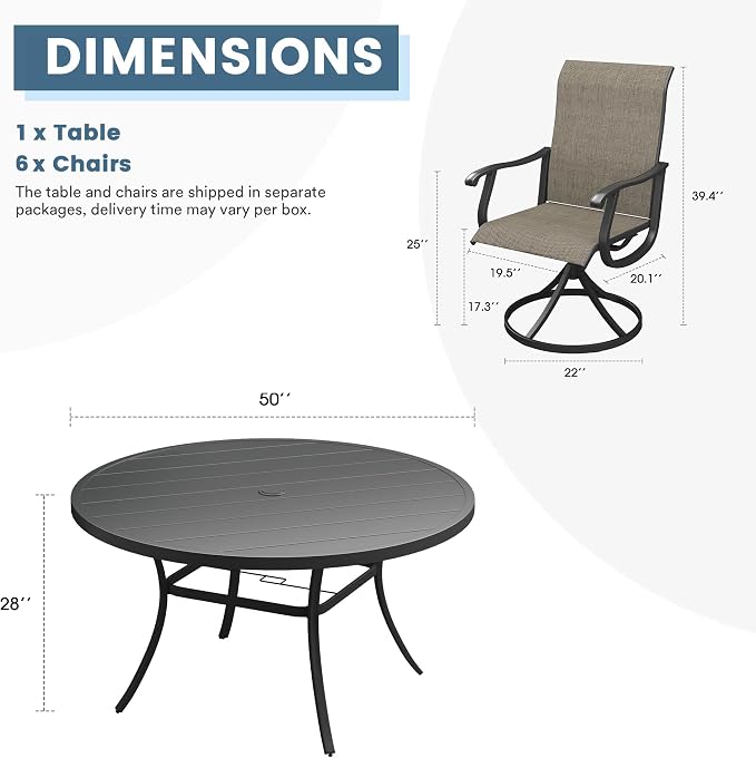 DIFY Outdoor Dining Set for 6, 7 Piece Patio Table and Chairs Set, Swivel Patio Dining Chairs with Brown Textilene & 50" Black Round Metal Dining Table with Umbrella Hole, for Garden Backyard Deck