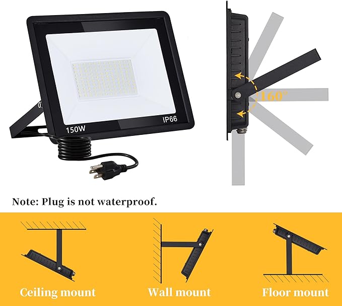 2 Pack 150W LED Flood Light,15000 LM Super Bright Outdoor Lights,IP66 Waterproof Outdoor Flood Light,6000K Daylight White Floodlights for Garage,Yard,Garden,Patio