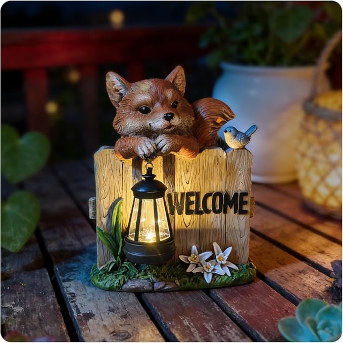 Garden Fox Welcome Sign with Solar LED Lantern, Outdoor Decorative Statue with Bird and Flowers for Porch, Patio or Garden