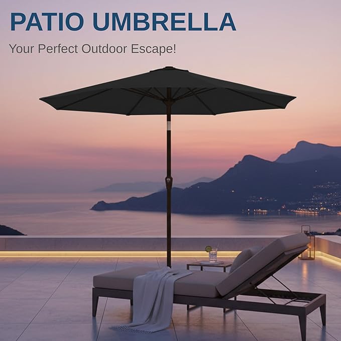 11FT Patio Umbrella, Outdoor Umbrella with with 8 Sturdy Fiberglass Ribs,Market Table Umbrella with Push Button Tilt and Crank,Suit for Backyard,Garden,Pool,Deck(Black)