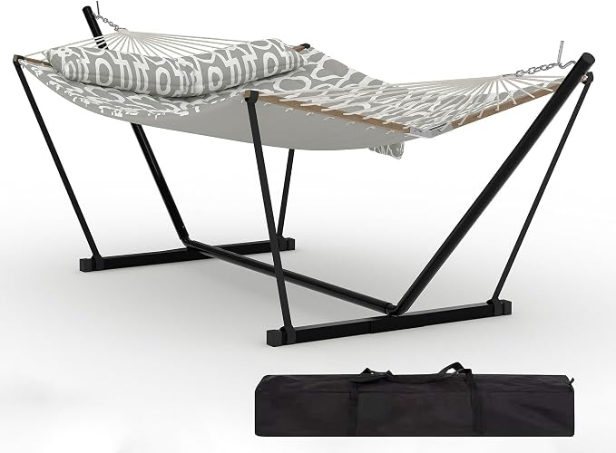 2 Person Outdoor Hammock with Stand, 450LBS Capacity, Heavy Duty Hammock with Carrying Bag & Soft Pillow, Portable Indoor Outdoor Hammock, Perfect for Backyard Patio Beach