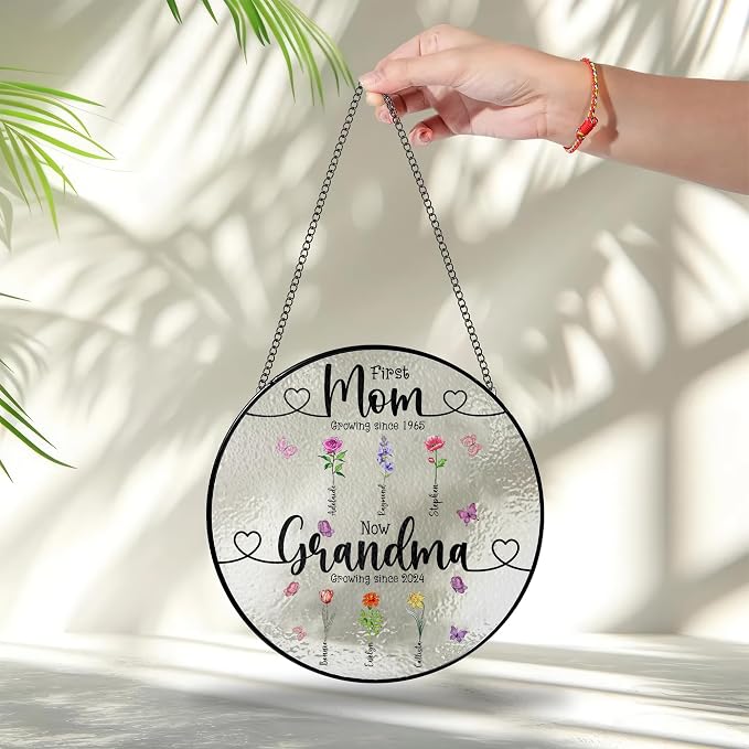 Personalized Birth Flower First-Now Grandma's Garden Stained Glass Window Hanging Suncatcher - Mother's Day, Birthday Gift for Mom, Grandma, Family, Custom Title, Names, Flowers