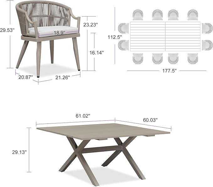 PURPLE LEAF 14 Pieces Outdoor Dining Set All Weather Wicker Patio Dining Set with Rectangular Aluminum Table and Modern Armrest Dining Chairs for Garden Deck Backyard Kitchen, Champagne