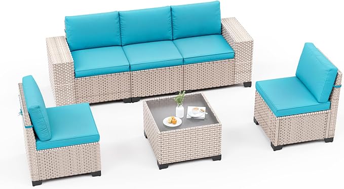 6-Piece Outdoor Patio Furniture Set, Modular Sectional Sofa Set with Glass Coffee Table and Cushions, Wicker Outdoor Couch Conversation Sets, Turquoise