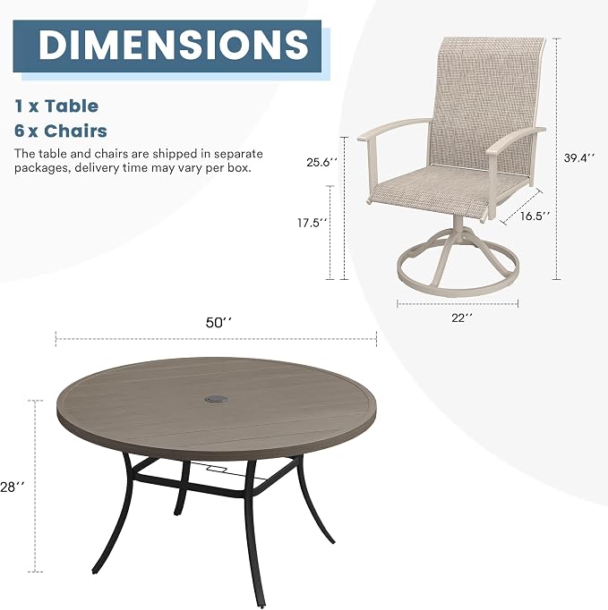 DIFY 7 Pieces Outdoor Dining Set for 6, 50" Grey Wood-Like Round Metal Table with Umbrella Hole and Sandshell Textilene Swivel Patio Chairs, Patio Table and Chairs Set for Garden, Backyard, Poolside