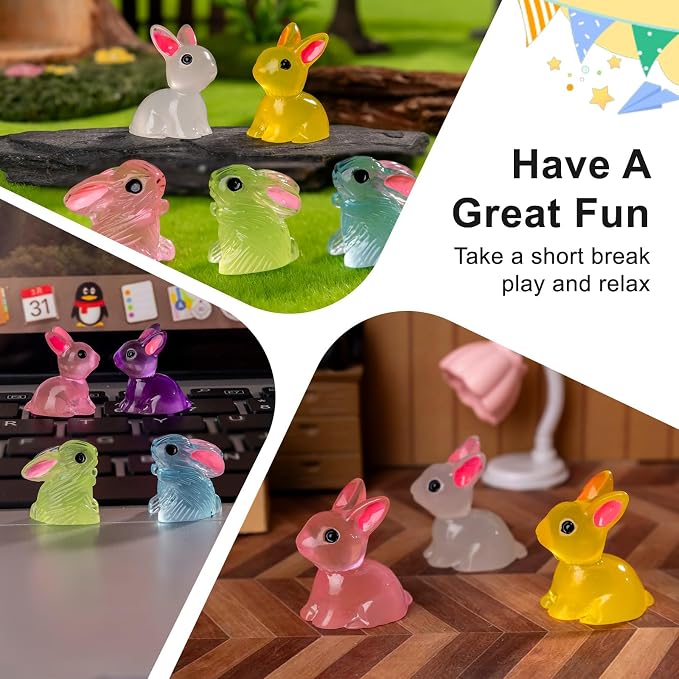 60 pcs Easter Mini Bunnies Luminous Small Rabbit Figures Miniature Little Small Animal Figurines Bulk for Micro Fairy Garden Landscape Accessories Hide Crafts Decor Aquarium