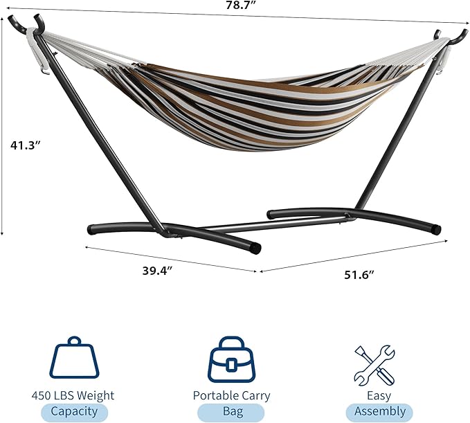 GarveeLife Double 2 Person Hammock, Indoor Outdoor Standing Hammock with Space Saving Steel Stand, Carry Bag, 450 LBS Weight Capacity, Suitable for Garden Camping Beach, Coffee