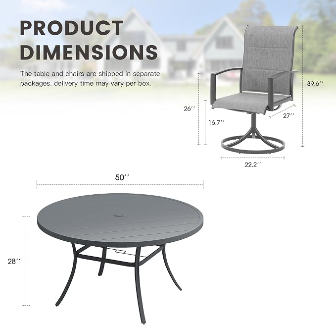 Outdoor Dining Set for 6, 50" Outdoor Dining Table with Umbrella Hole and Padded Textilene Patio Swivel Chairs, 7 Pieces Patio Table and Chairs Set for Garden Backyard, Grey and Dark Grey