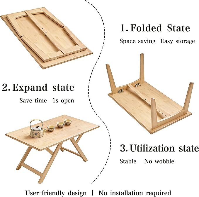 JIKUGO Bamboo Folding Coffee Table No Assembly Required Japanese Floor Table for Bedroom Living Room, Natural Wood, 26 x 15.8 x 11.8 Inches