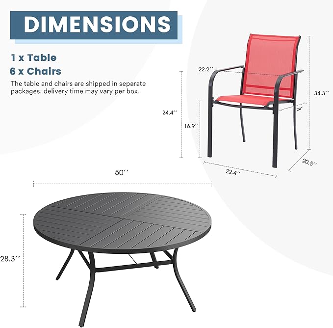 DIFY 7 Pieces Outdoor Patio Dining Set for 6, 50" Black Round Metal Dining Table and 6 Red Stackable Sling Dining Chairs, Outdoor Table and Chairs for Lawn Garden Backyard Deck