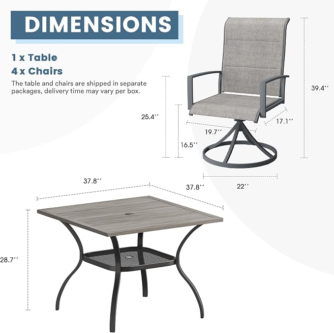 DIFY 5 Piece Outdoor Patio Dining Set for 4, 37.8" Grey Wood-Like Square Metal Dining Table and Swivel Patio Chairs with Grey Padded Textilene, All-Weather Outdoor Furniture Set for Garden Backyard