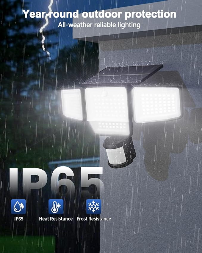 6000LM Solar Lights Outdoor, 4 Heads Motion Sensor Outdoor Lights, Solar Flood Lights for Yard House Outside Garage, IP65 Waterproof, 3 Modes, Easy Install, 3 Pack