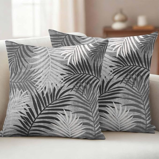 Gray Palm Leaves Waterproof Outdoor Pillow Covers Set of 2 Home Decor, Summer Tropical Leaf Plant Pillowcase Patio Pillow Covers for Couch Bench Patio Furniture Garden 26x26in