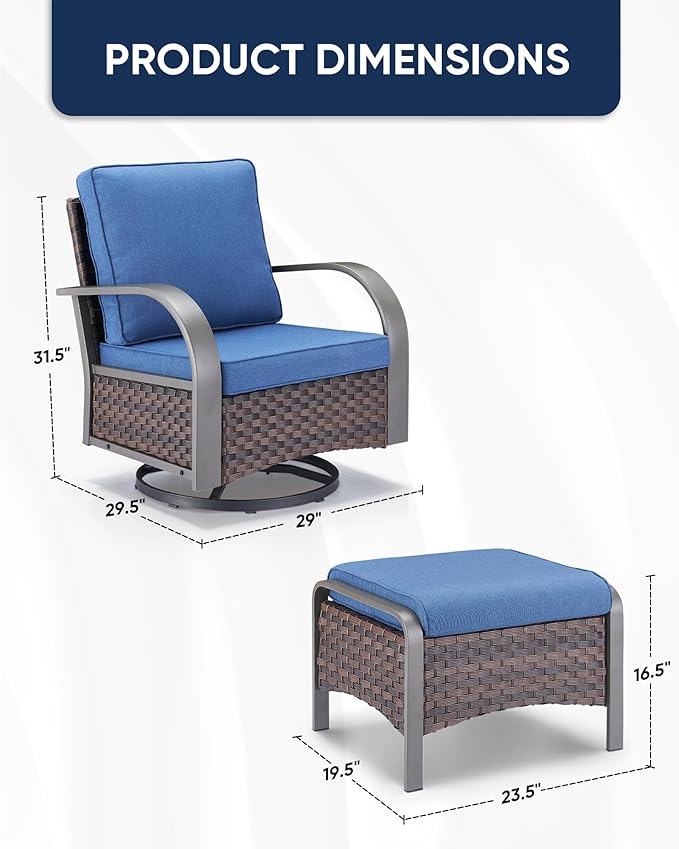 HUMMUH Swivel Rocker Outdoor Chair-High Back Patio Chairs with Ottoman Outdoor Conversation Furniture Sets for Deck Porch Garden Poolside Backyard-Brown/Blue
