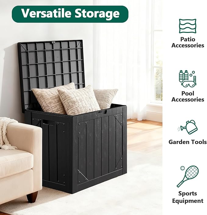 30 Gallon Outdoor Storage Box, Lockable Resin Deck Box for Patio Cushions, Throw Pillows, Garden Tools, Weatherproof Outdoor Storage Bench for Yard, Porch, or Balcony