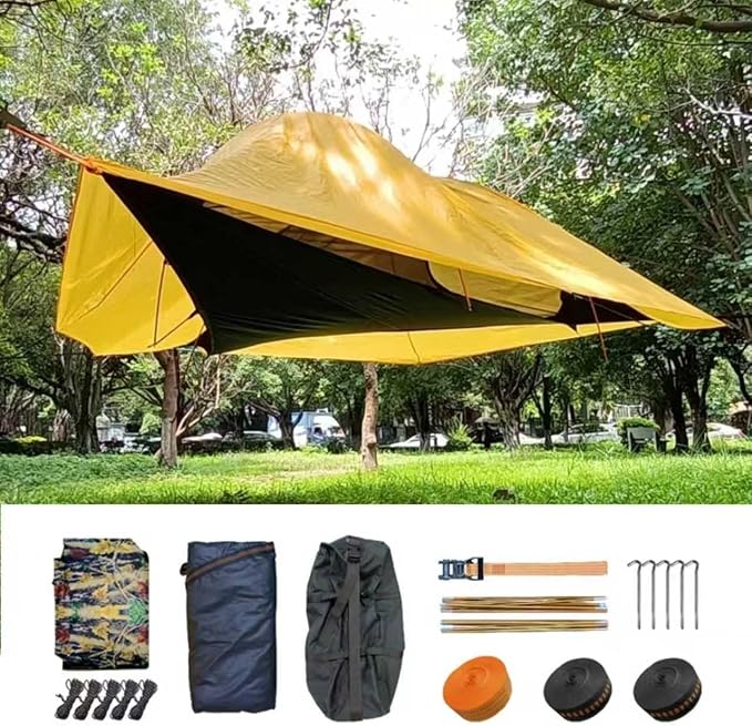 OVARIA Outdoor Camping Hammock Tent, Large Triangle Hammocks for 1-3 Persons-Portable Camping Mosquito Net for Outside, Hiking Travel(Yellow)