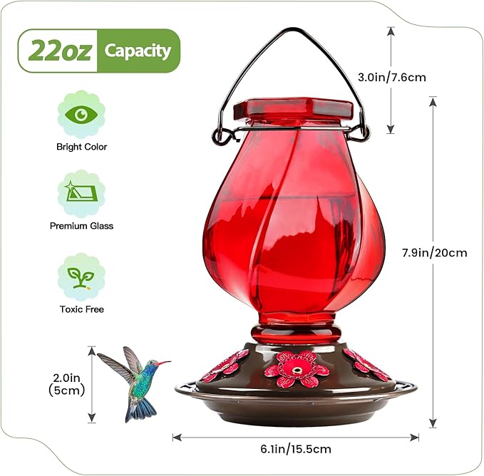 Hummingbird Feeder, BOLITE Glass Hummingbird Feeders for Outdoors Hanging, with Ant Moat, 5 Bee-Proof Ports, 360° Perch, Leak-Proof, 22oz, Red, Birthday Gifts for Women Men, Gifts for Mom Dad