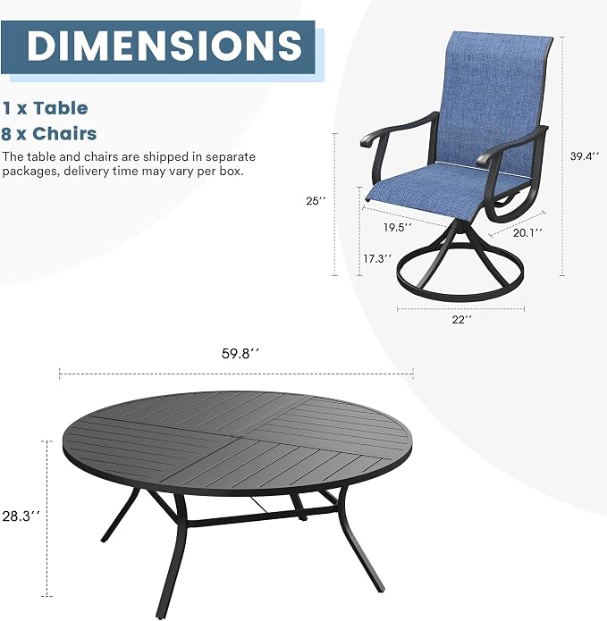DIFY Patio Table and Chairs Set for 8, 9 Piece Outdoor Dining Set, 59.8" Black Round Metal Dining Table with Umbrella Hole and 8 Blue Textilene Swivel Patio Chairs, for Garden Backyard Deck