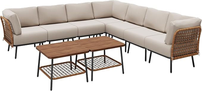 9-Piece Patio Conversation Sets, Rattan Outdoor 7-Seat Sectional Sofa, Wicker Modular Furniture with 2 Storage Coffee Tables for Backyard, Garden, Porch