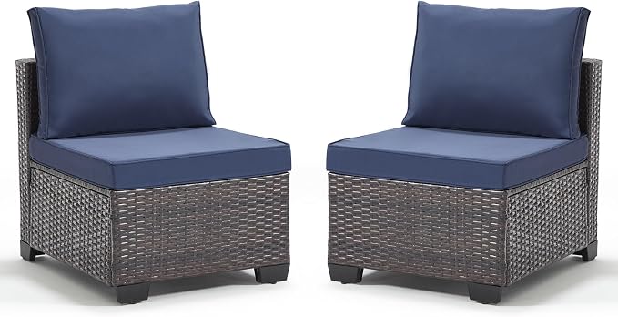 ANJ Outdoor Wicker Patio Chairs Set of 2, Modular Armless Patio Seating with Thick Cushions, All-Weather Rattan Conversation Chair Set for Porch, Balcony, Garden, Backyard, Dark Brown Wicker-Grey