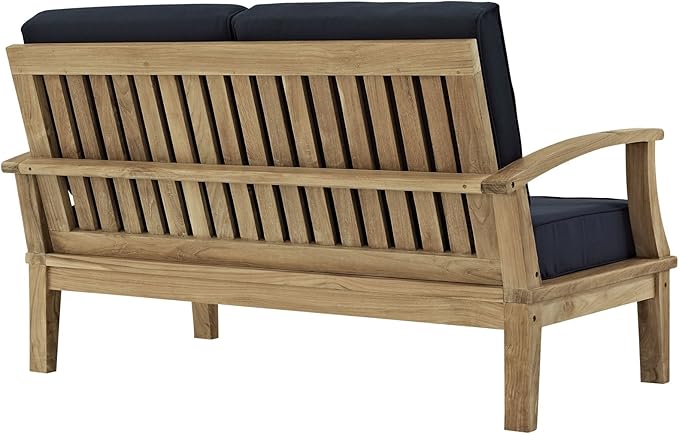 Modway Marina Premium Grade A Teak Wood Outdoor Patio Loveseat and Two Armchairs in Natural Navy