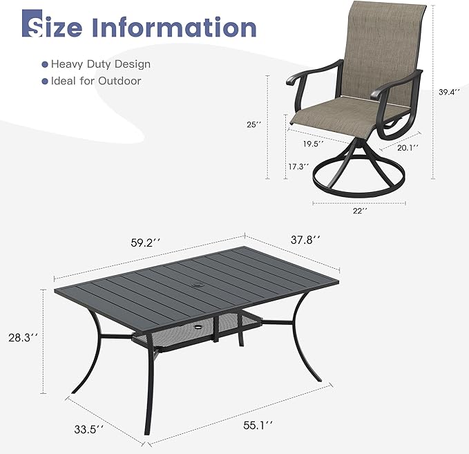 VICLLAX 7 Pieces Patio Dining Set, Patio Furniture Set of 6 Patio Swivel Dining Chairs and Rectangular Patio Table with Storage Shelf, Mixed Brown Chairs & Black Tabletop