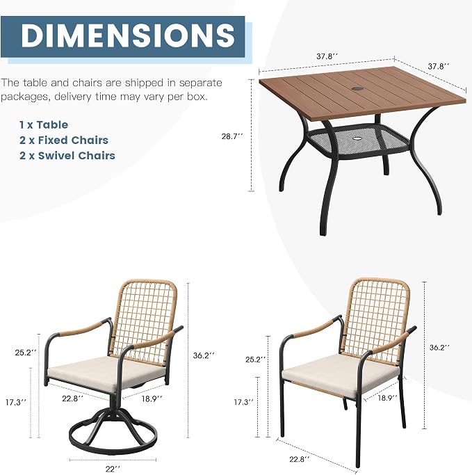 DIFY 5 Pieces Outdoor Dining Set for 4, 37.8" Walnut Square Metal Table with 2 Stackable Wicker Patio Chairs & 2 Swivel Chairs, Patio Furniture Set with Cushions and Umbrella Hole, Wheat Rattan