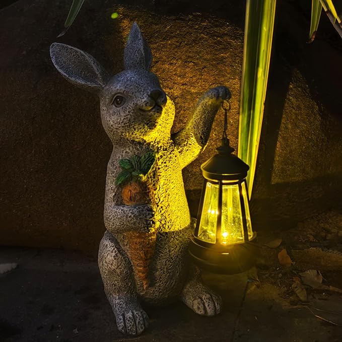 Garden Statues Rabbit Solar Lantern Outdoor Handmade Resin Statue Bunny with Cute Carrot for Patio, Yard, Mother's Day Gift Ideas
