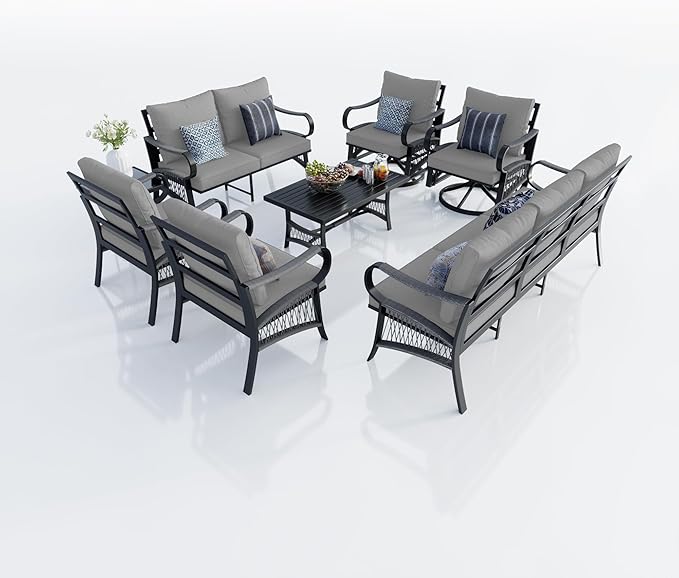 8 Pieces Patio Conversation Sets, All Weather Metal Outdoor Furniture Set with Swivel Rocking Chairs Set, Outdoor Furniture Set with Sectional Sofa Couch Loveseat (Gray Cushions)