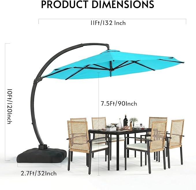 11FT Cantilever Patio Umbrella with Base Included, Large Cantilever umbrella with 360°Rotation, Heavy-Duty Offset Outdoor Umbrella for Patio,Pool,Garden and Backyard (Turquoise)