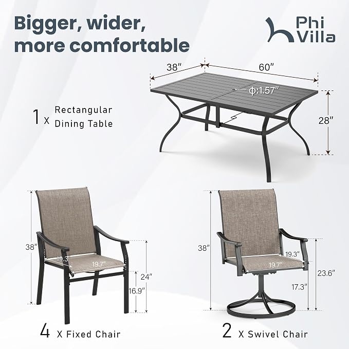 PHI VILLA 7 PCS Outdoor Dining Table and Chairs,Patio Dining Set with 2 Swivel & 4 Stable Outdoor Dining Chairs,Sling Fabric and Durable Frame, Large Patio Table with Umbrella Hole