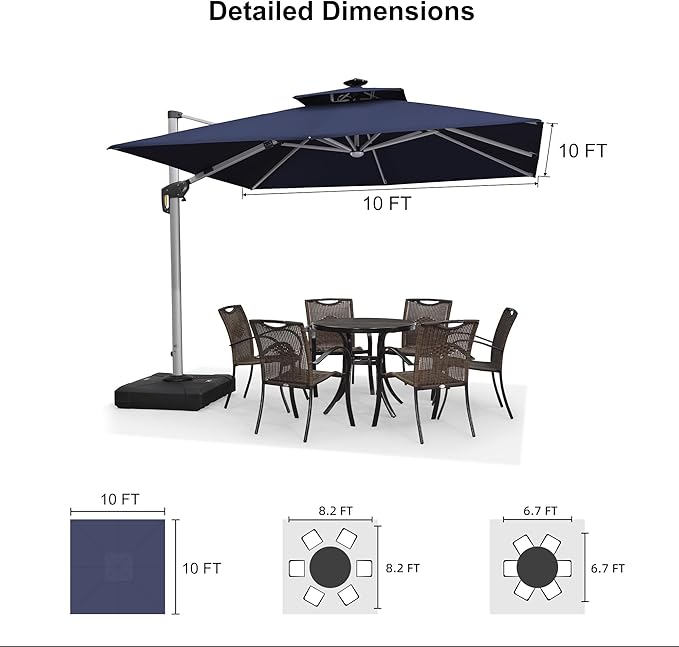 PURPLE LEAF 10 Feet Solar Powered LED Square Cantilever Umbrella With Base Patio Umbrellas Windproof Hanging Umbrella Outdoor Offset Umbrellas, Navy Blue