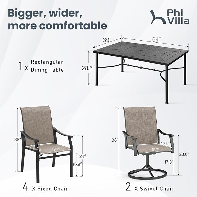 PHI VILLA 7 pcs Outdoor Dining Set,2 Swivel & 4 Stable Outdoor Dining Chairs and Metal Dining Table,Sling Fabric and Durable Frame,Outdoor Table and Chairs for Garden