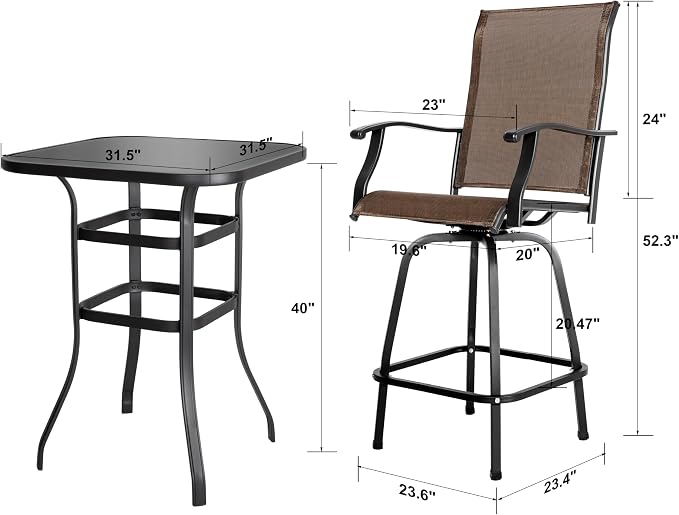 NUU GARDEN 3 Piece Patio Bar Set, Textilene Bar Stools Set,Brown