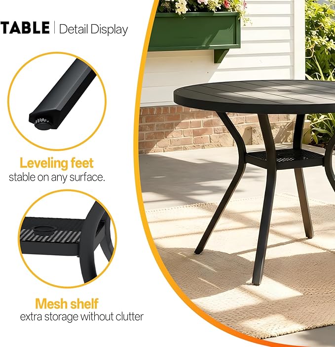 MEOOEM 5-Piece Patio Dining Set for 4, Outdoor Round Tables and Stackable Chairs Set of 4, All Weather Heavy Duty Black Metal Outdoor Patio Table and Chairs for Outside, Deck, Garden, Backyard