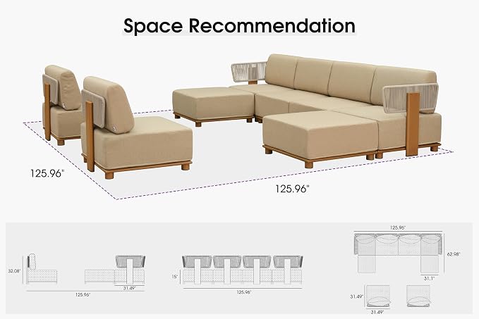 PURPLE LEAF Patio Furniture Set Modular Enclosed Outdoor Sectional Sofa with 11" Thick Olefin Cushion 8-Piece Outdoor Conversation Set with Ottomans & White Lights for Backyard Garden Poolside, Beige